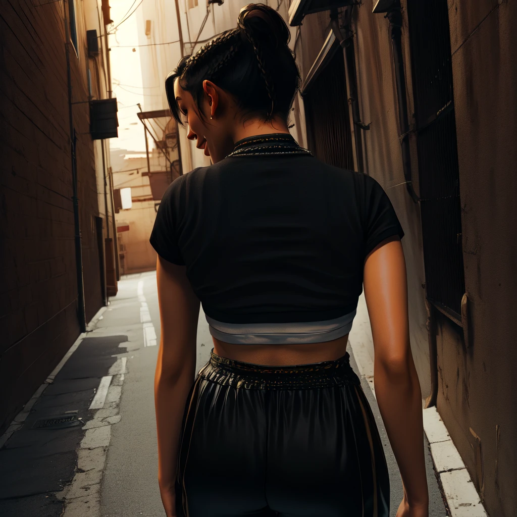 Chitose,black hair,brown eyes,short hair,ponytail,braids,short sleeves,
crop top, showing rear,black pants,necklace,street,night,alley, smile, 
(insanely detailed,masterpiece, best quality)((solo,1girl,alone))