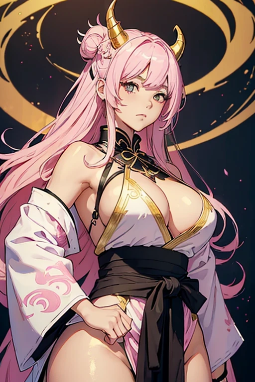 ((mejor calidad)), ((obra maestra)), (detallado), 1 chica, White kimono with pink and gold details, Tall, Muscular, 3 Katanas on her waist, Small black dragon horns with pink and gold details on her head, Pink dragon tail, Long hair, Fluffy hair, Pastel pink hair color, Massive breasts