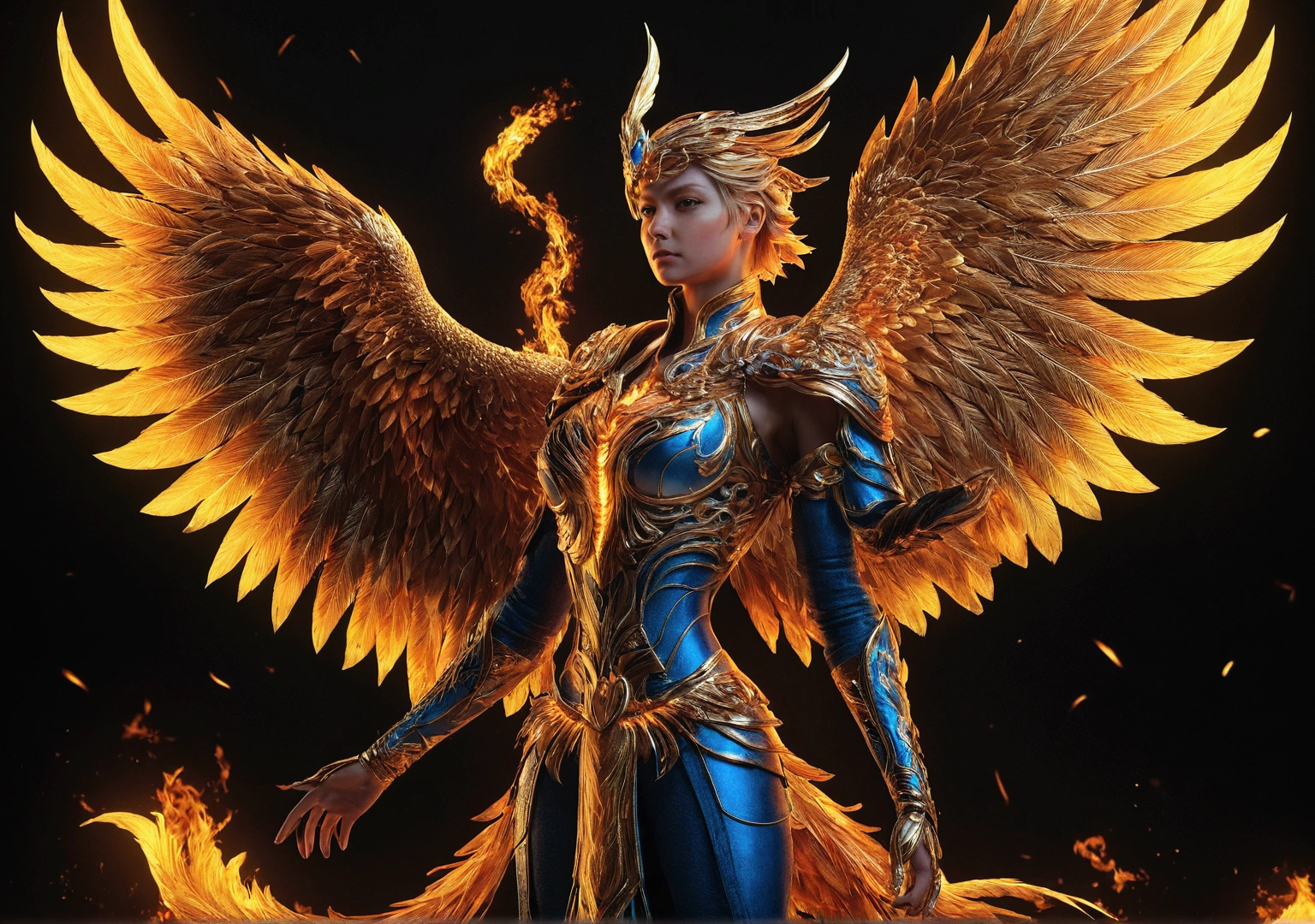 (Fire Fenix),(Fire outlined the phoenix's body),The phoenix flaps its wings,(Shining with golden light),standing alone,natta,Multiple silhouettes,First person elevation angle,super detailing,best qualityer,Masterpiece artwork,(8k),extremely detaild,epic art , playful, hoe art, work of art, shot to the face, Motion Graphics, softfocus, Sound art, blues colors, Hackercore, Laser Illumination, ultra realistic