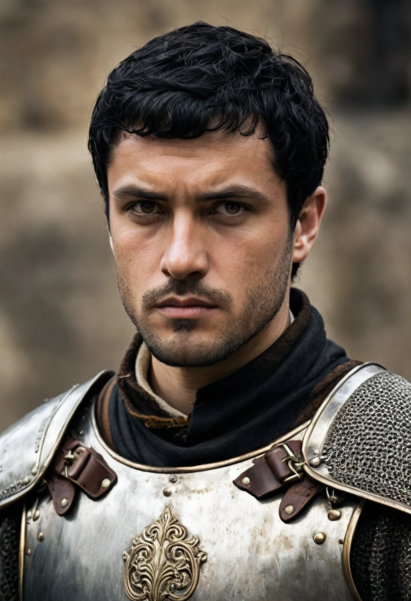 naughty man, offwhite, Medieval warrior, short black hair, eyes browns, face with a well-defined chin.