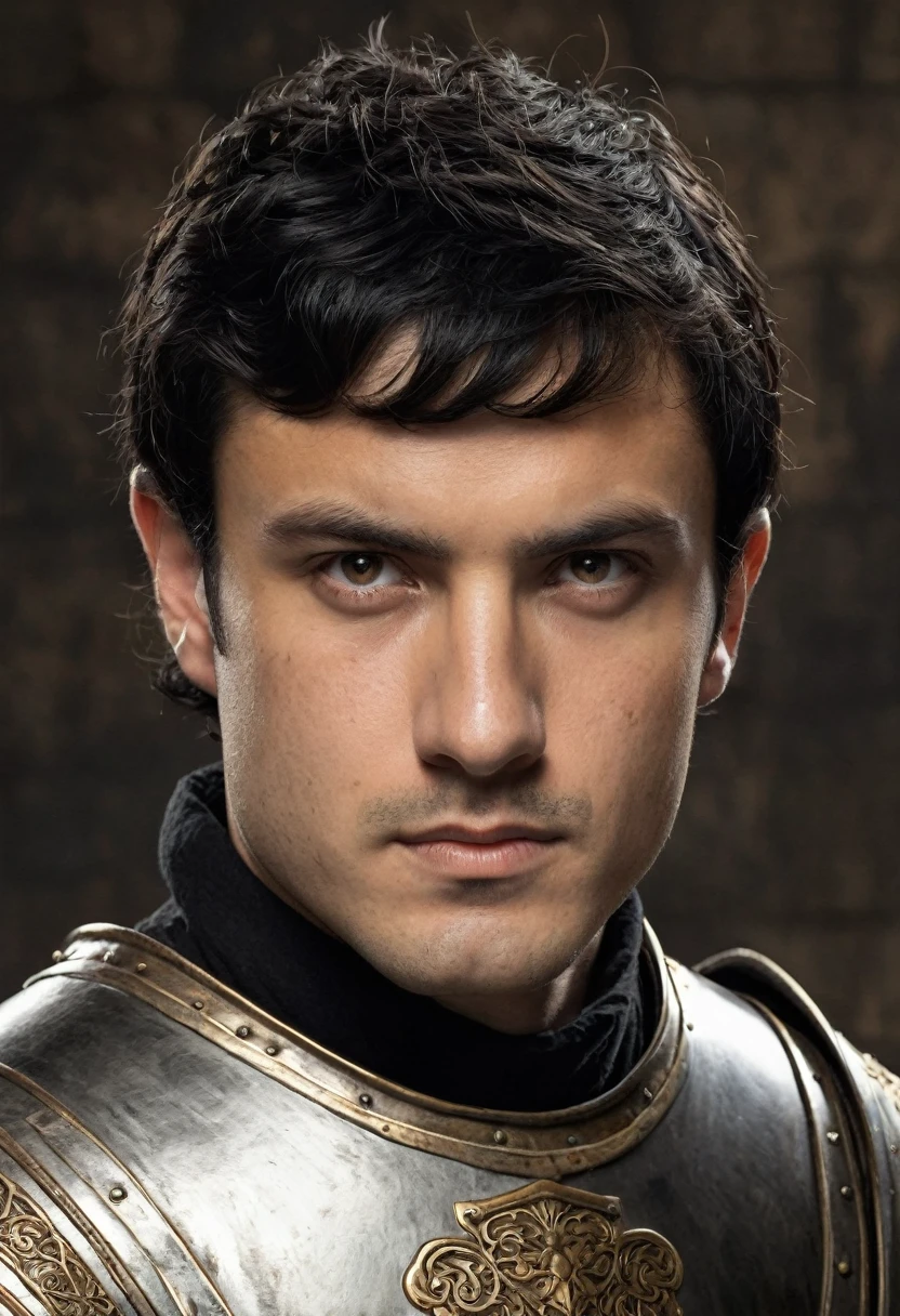 naughty man, offwhite, Medieval warrior, short black hair, eyes browns, face with a well-defined chin.