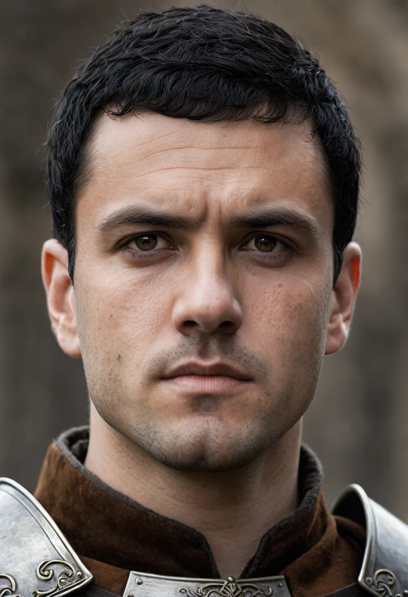 naughty man, offwhite, Medieval warrior, short black hair, eyes browns, face with a well-defined chin.