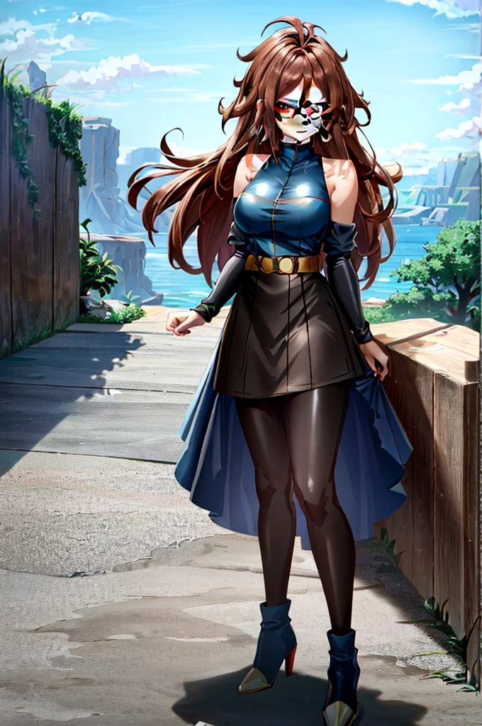 Android 21, 1girl, solo, long hair, jewelry, glasses, dress, shoulderless dress, bare shoulders, detacted sleeves, black leggings, earrings, breasts, hoop earrings, brown hair, detailed blue eyes, asymmetrical footwear, mismatched footwear, red and blue checkered dress, high heels, black-framed eyewear, checkered clothes, blue footwear, medium breasts, curly hair, red footwear, boots, upper body, perfect lighting, perfect face, eye shadow, ((gorgeous)), Extremely beautiful, (masterpiece:1.2), (best quality:1.2), cinematic, perfect skin, textured skin, detail, beauty, overall, sharp focus, ultra-detailed, illustration, (shonen style), Extremely beautiful, grey background, detailed background, seductive, alluring, (detailed background, intricate background:1.1), ((Extremely Detailed)), ((Best Quality)), ((Masterpiece)), ((HDR, UHD, 8k)), comiendo pizza