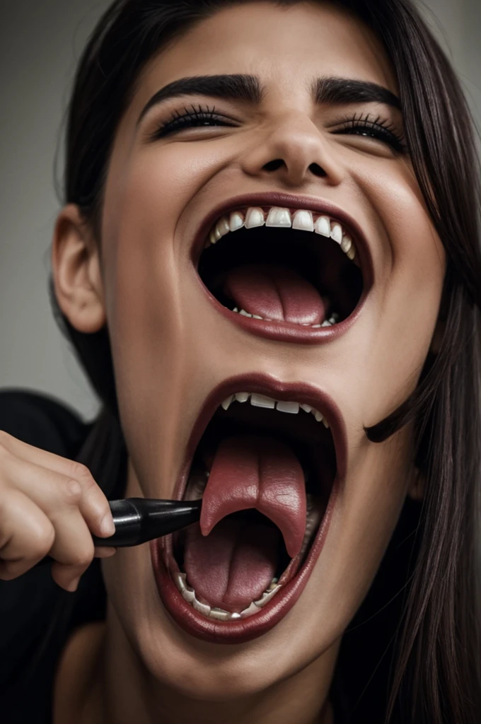 A photo where a mouth with fangs can be seen from the jaw down, just like those of a vampire