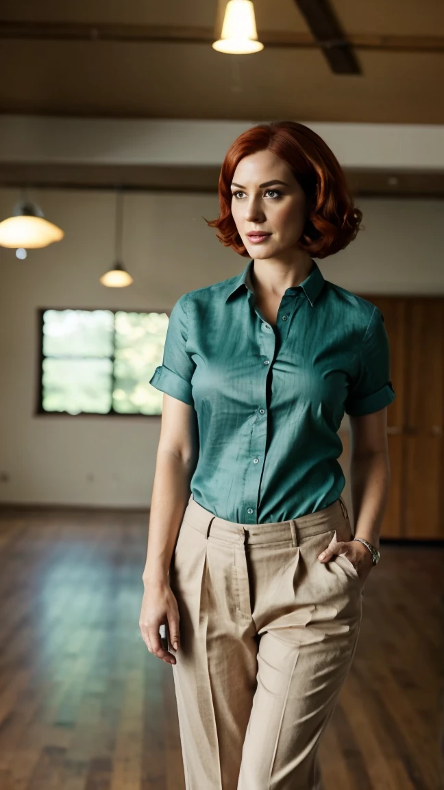 | ((masterpiece, best quality)),(complex light), 1woman, full body, solo, Lois Griffin, short burnt orange hair, seductively smiling, teal (untucked:1.25) collared button-down shirt (rolled up sleeves:1.15), linen beige pants, eggplant purple ballet flats shoes, simple background, standing, sexy pose, cyberrealism, 345% accurate, 345% detailed, 345% actual