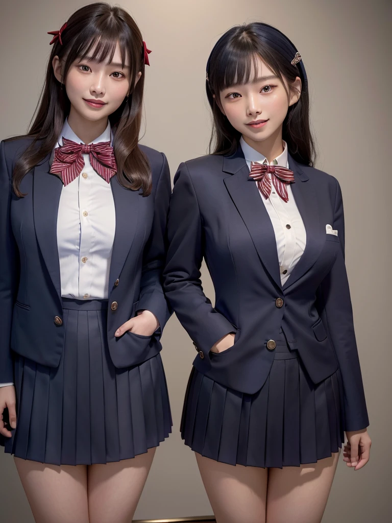 Highest quality、masterpiece、8k、Very detailed、Realistic、(Two Girls)、(Looking at me with a smile:1.5)、whole body、Black Hair、Small face、(Slender:1.2)、(Big Breasts:1.2)、(White business shirt with buttons and a collar:1.2)、(Navy blue short pleated skirt:1.2)、(Navy blue business jacket:1.2)、(Red color bow tie:1.2)、(Everyone dressed the same:1.3)