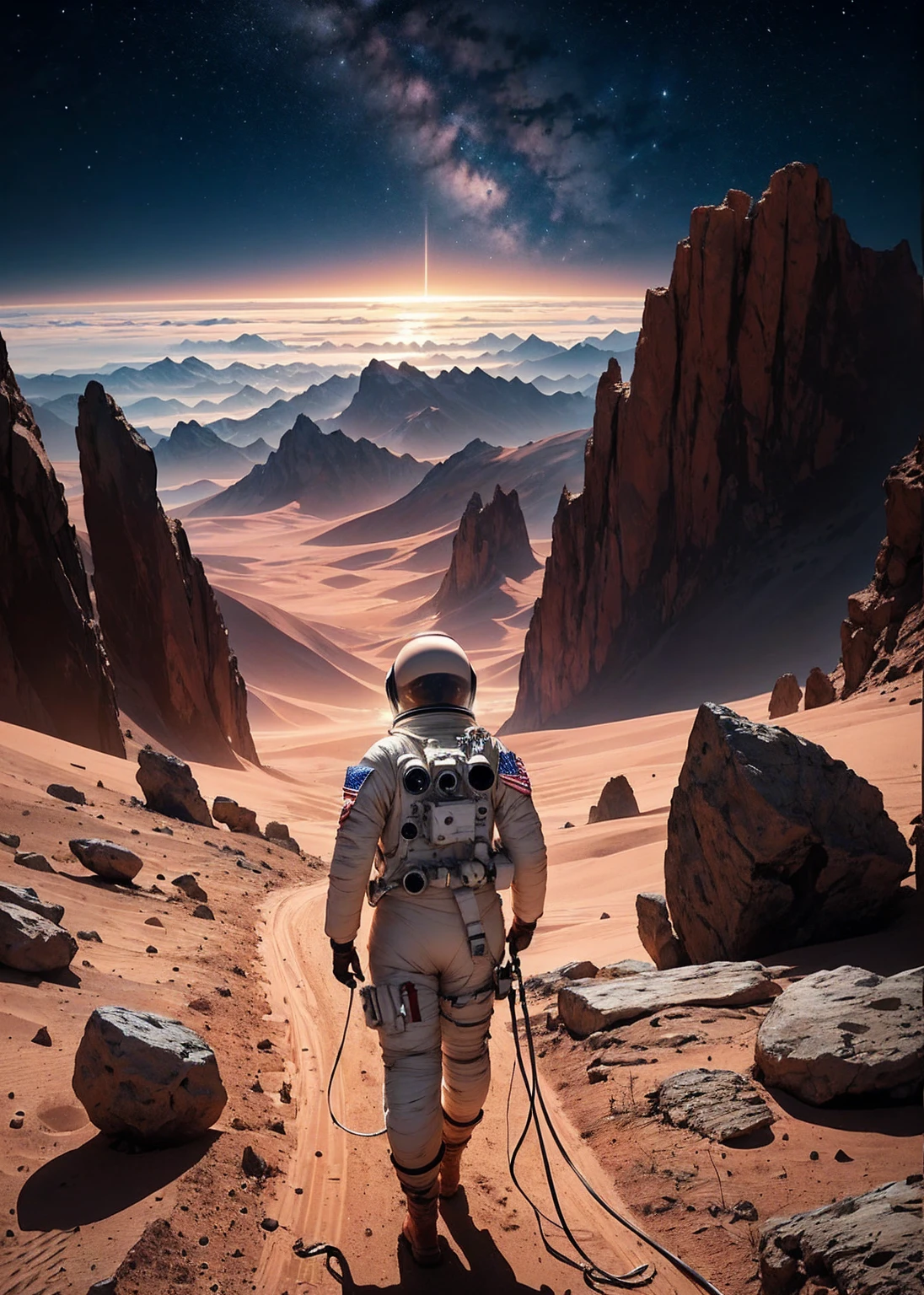 An astronaut walking on Mars at night, with an environment filled with rocks, stones, mountains, and peaks. The scene is viewed from behind the astronaut, so the viewer sees the astronaut from the back. The Martian sky is dark with stars visible, and the landscape is illuminated by the astronaut's suit lights.