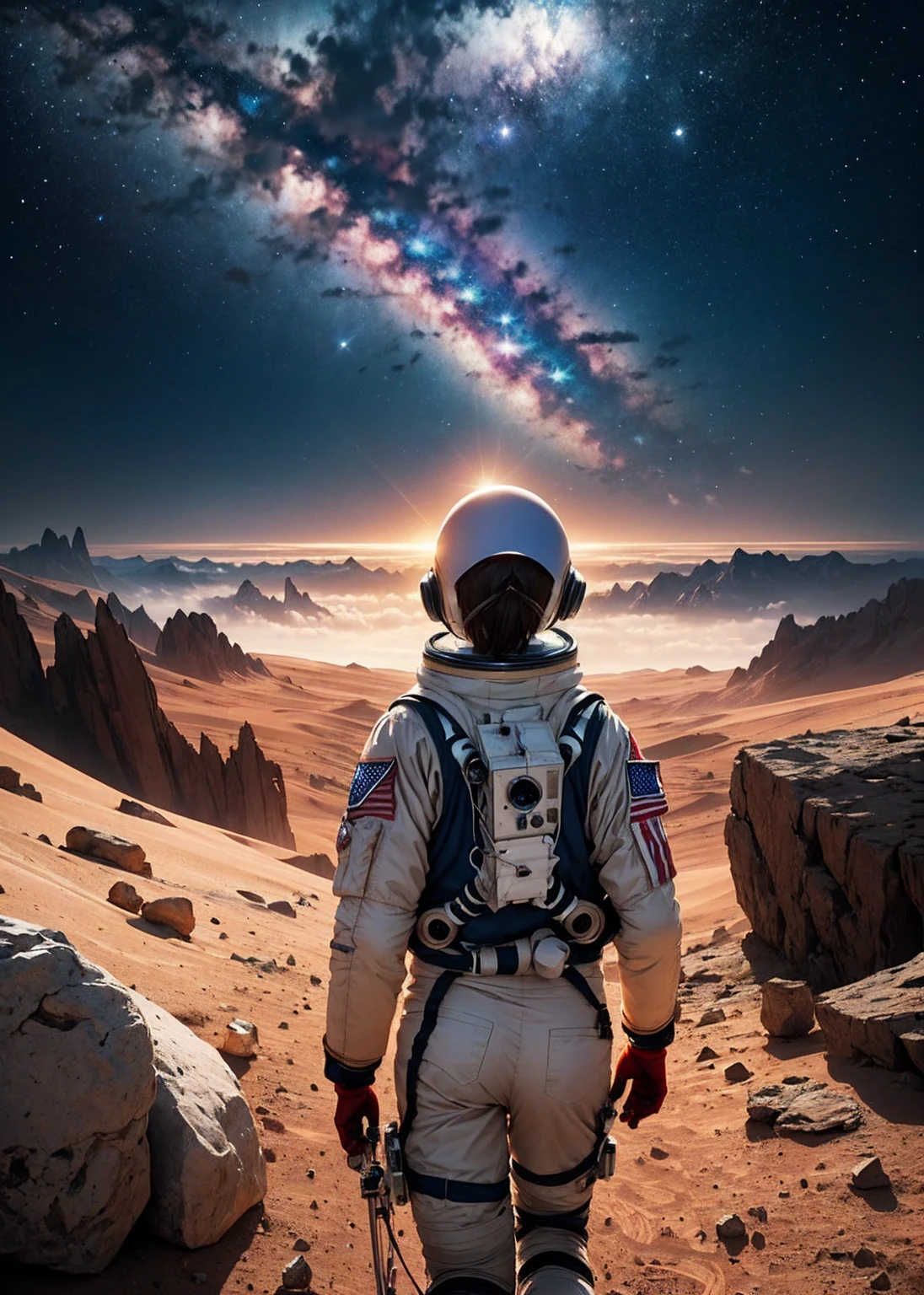 An astronaut walking on Mars at night, with an environment filled with rocks, stones, mountains, and peaks. The scene is viewed from behind the astronaut, so the viewer sees the astronaut from the back. The Martian sky is dark with stars visible, and the landscape is illuminated by the astronaut's suit lights.