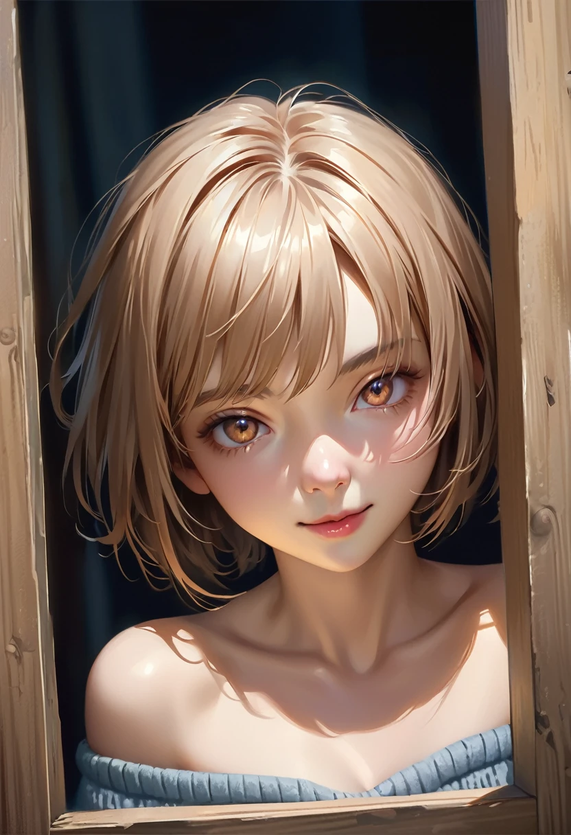 (masterpiece, face focus,: 1.3), (8K, Raw Photography, Top Image Quality: 1.4), gravure, 12yo Japan junior high School Girl, showing Cleavage of the Breast:1.2, anime style kawaii Face, Eye of Detail, Double Eyelid, Bring Your chest Together, Sharp Focus:1.2, Pretty:1.4, Light Brown Hair, Top-Quality, Super A High Resolution, (realistic anime: 1.4), Highly Detailed and professional lighting smile, loose and light knitwear, strapless, shoulder out, slender body, natural facial expression, short hair, fatal position, detailed background