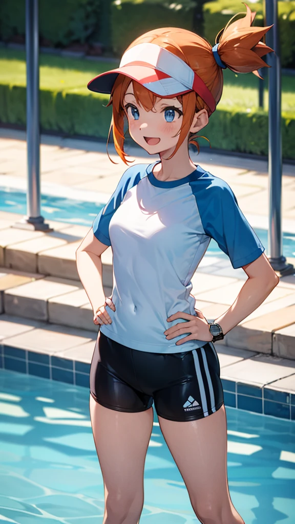 1 girl, masterpiece, best quality, highres, ro1, Misty from pokemon, hair bun, blue eyes, visor cap, , raglan sleeves, blue bicycle shorts, small ponytail on the side, wristwatch, standing, hand on hip, smile, open mouth, (sparkle:1.1), orange hair, medium breasts, 3/4 body view, outdoors, swimming pool