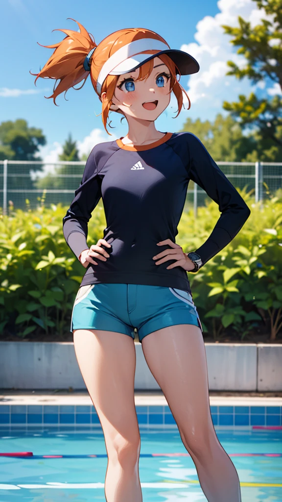 1 girl, masterpiece, best quality, highres, ro1, Misty from pokemon, hair bun, blue eyes, visor cap, , raglan sleeves, blue bicycle shorts, small ponytail on the side, wristwatch, standing, hand on hip, smile, open mouth, (sparkle:1.1), orange hair, medium breasts, 3/4 body view, outdoors, swimming pool