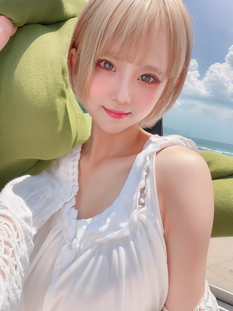 A girl with white skin and short hair。Blonde hair, big dark eyes, wearing summer clothes, sophisticated touch, full upper body, Pulling back,Her appearance will be impressive, Smiling and very cute,Attracts curious and inquisitive gazes.Selfie style,masterpiece, Attention to detail, high quality, 4K.