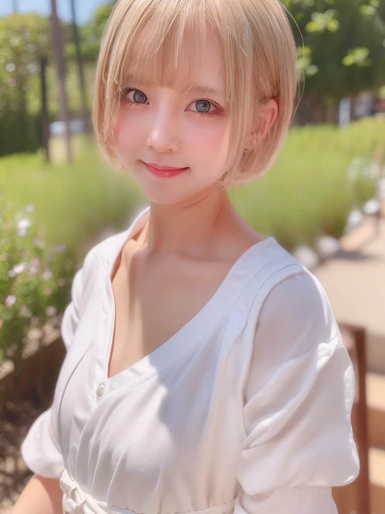 A girl with white skin and short hair。Blonde hair, big dark eyes, wearing summer clothes, sophisticated touch, full upper body, Pulling back,Her appearance will be impressive, Smiling and very cute,Attracts curious and inquisitive gazes.Selfie style,masterpiece, Attention to detail, high quality, 4K.