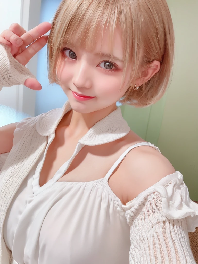 A girl with white skin and short hair。Blonde hair, big dark eyes, wearing summer clothes, sophisticated touch, full upper body, Pulling back,Her appearance will be impressive, Smiling and very cute,Attracts curious and inquisitive gazes.Selfie style,masterpiece, Attention to detail, high quality, 4K.