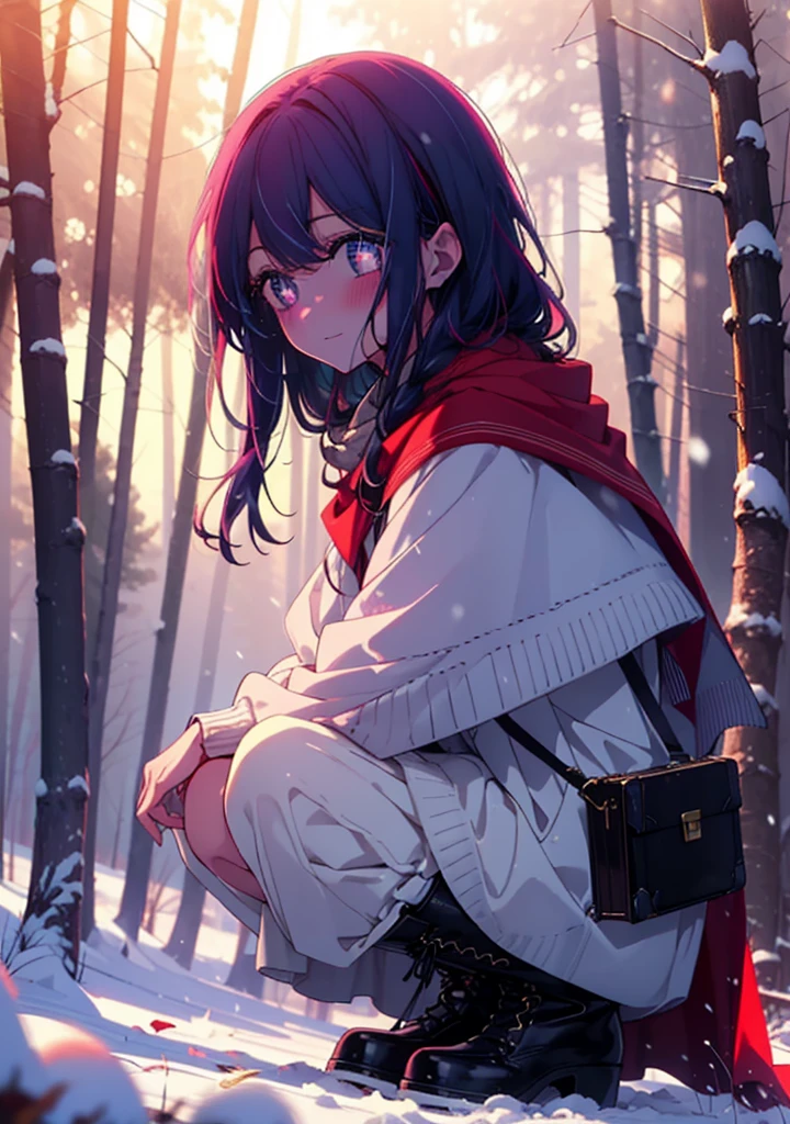 aihoshino, Ai Hoshino, Long Hair, bangs, (Purple eyes:1.1), Purple Hair, (Symbol-shaped pupil:1.5), smile,,smile,blush,white breath,
Open your mouth,snow,Ground bonfire, Outdoor, boots, snowing, From the side, wood, suitcase, Cape, Blurred, , forest, White handbag, nature,  Squat, Mouth closed, Cape, winter, Written boundary depth, Black shoes, red Cape break looking at viewer, Upper Body, whole body, break Outdoor, forest, nature, break (masterpiece:1.2), Highest quality, High resolution, unity 8k wallpaper, (shape:0.8), (Beautiful and beautiful eyes:1.6), Highly detailed face, Perfect lighting, Highly detailed CG, (Perfect hands, Perfect Anatomy),