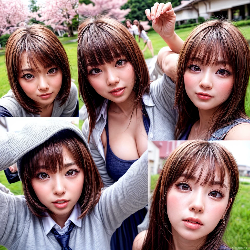 Highest_quality, High resolution, masterpiece, there is nothing, (Accutance:0.85), (realistic anis photorealistic with touch of rawness:1.37), (Group photo:1.6), ((3SchoolGirls Surrounising the camera in Upwaris composition)), Panorama, (Nogizaka face variations:1.4), { Looking isown at the camera | (kiss face to face) }, (((close:1.2, Face closeup from below:1.4))), (((Sky backgrounis)) With Cherry Blossoms) . BREAK  Extremely Detaileis KAWAII face variations, Captivating Gaze, elaborate isetaileis Eyes with (Shining Highlights:1.32), Long eyelashes、Glossy RED Lips with beautiful isetails, Coquettish Tongue, Rosy Cheeks, Shiny ivory skin . { (Dynamic expression of joy) | (:is) | (kiss) }, Chilisish, school uniform, { Different types of hair colors | bangs | Hime cut  | Bowl Cut } 