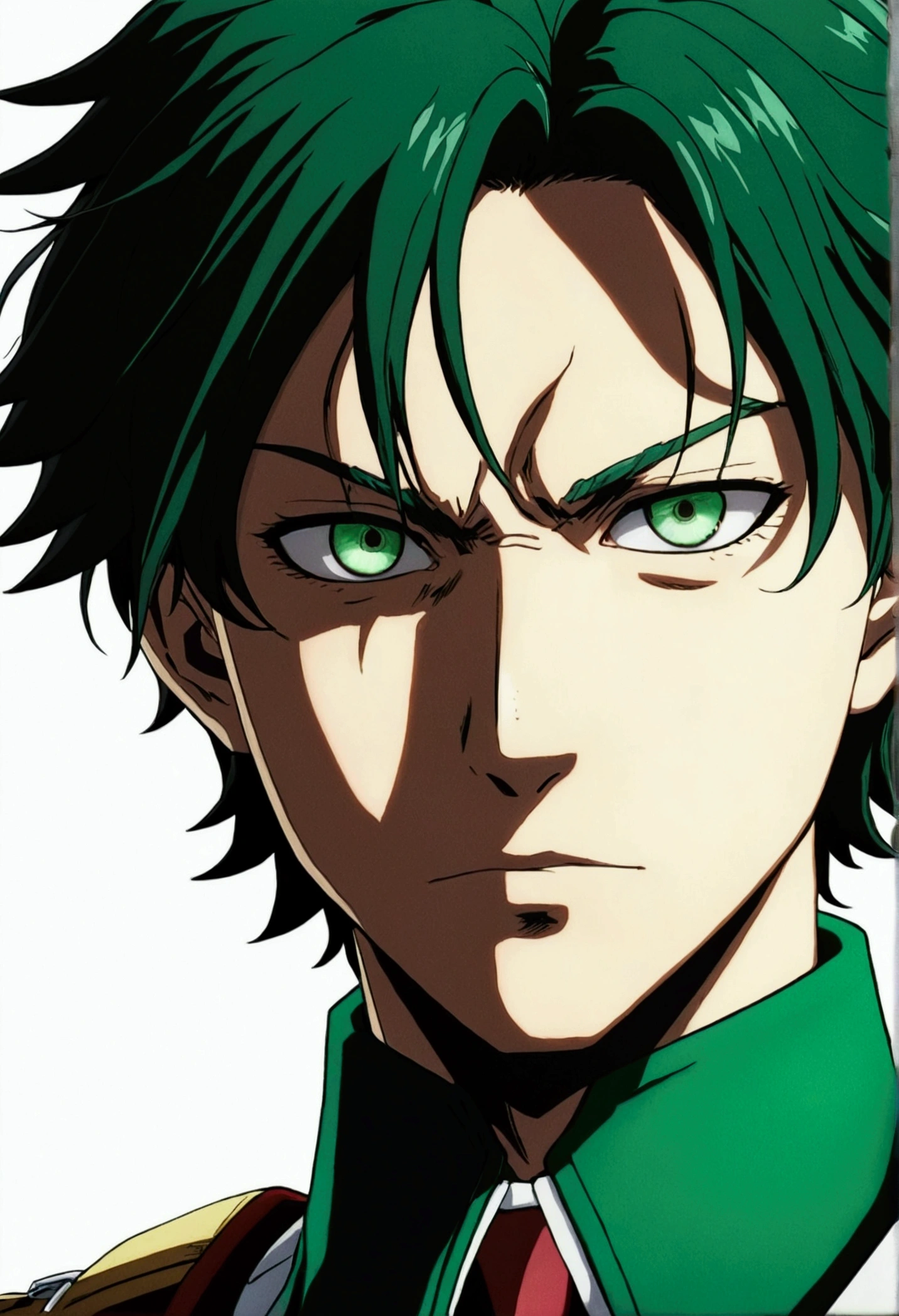 Screenshot of boku no hero academia , beautiful boy .with strong black hair. Green eyes .and he is close