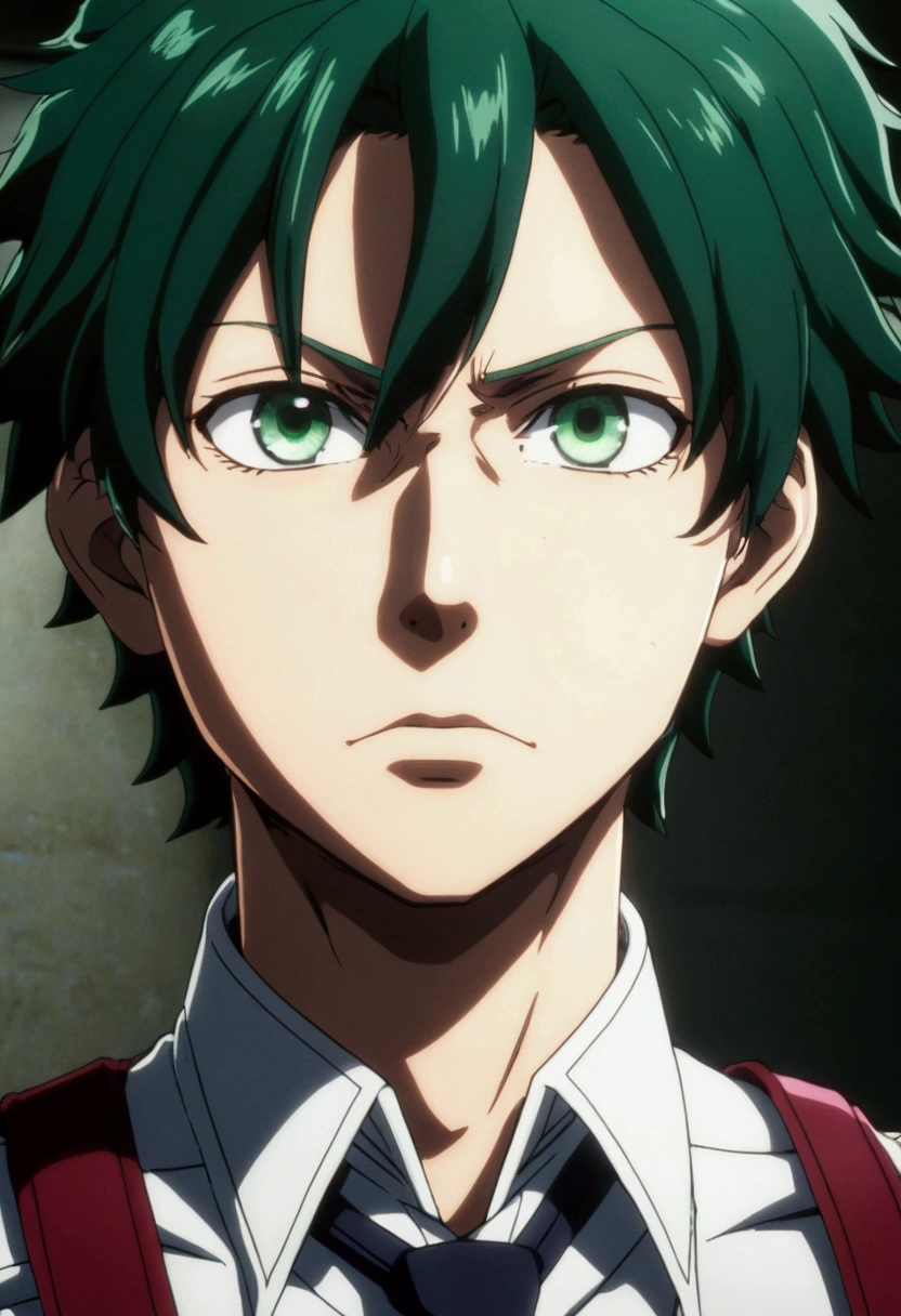 Screenshot of boku no hero academia , beautiful boy .with strong black hair. Green eyes .and he is close