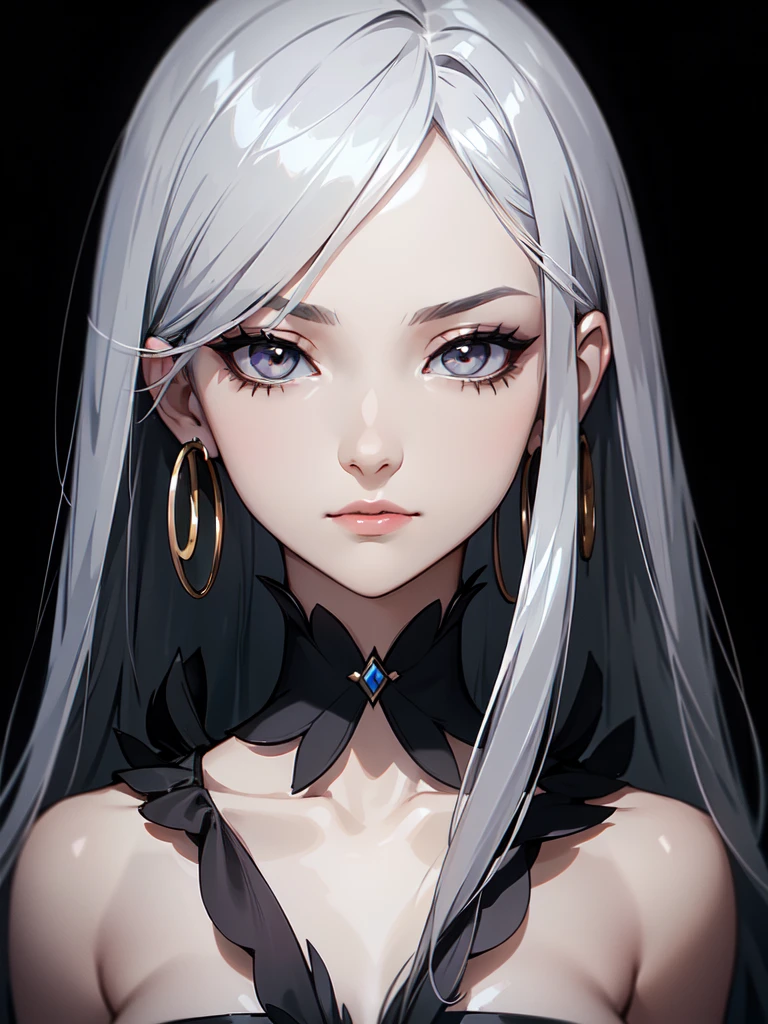 (((Portrait Photo))), She has a Calm and Enigmatic Appearance of a 18-Year-Old, with a Slender and Poised Build that Exudes Elegance and Mystery. Her Straight, Shoulder-length Silver Hair Frames Her Face with a Sleek and Sophisticated Style, Complementing Her Cool and Composed Demeanor. Her Deep Grey Eyes Convey a Sense of Depth and Introspection, Adding to Her Intriguing Presence. She is Dressed in a Playful Black Feather-trimmed Mini Dress with Silver Hoop Earrings, Giving Her a Chic and Stylish Look. Her Expression is Serene and Thoughtful, with a Subtle Hint of Melancholy, Reflecting Her Complex and Multifaceted Personality. (((High Quality, Dark Background))), (((Portrait Photo)))