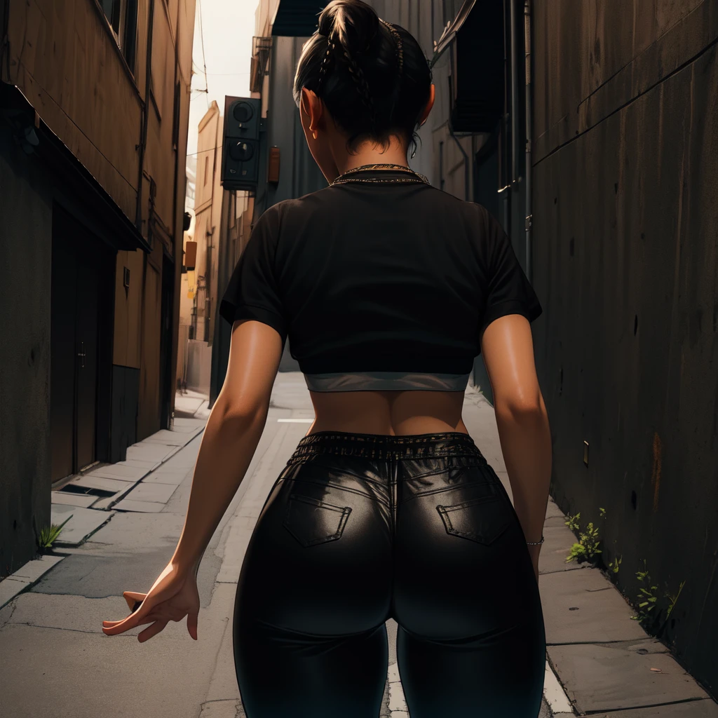 Chitose,black hair,brown eyes,short hair,ponytail,braids,short sleeves,
crop top, showing rear,black pants,necklace,street,night,alley, smile, 
(insanely detailed,masterpiece, best quality)((solo,1girl,alone))