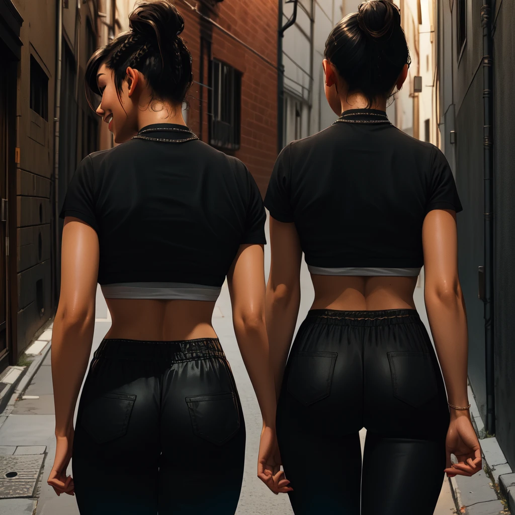 Chitose,black hair,brown eyes,short hair,ponytail,braids,short sleeves,
crop top, showing rear,black pants,necklace,street,night,alley, smile, 
(insanely detailed,masterpiece, best quality)((solo,1girl,alone))