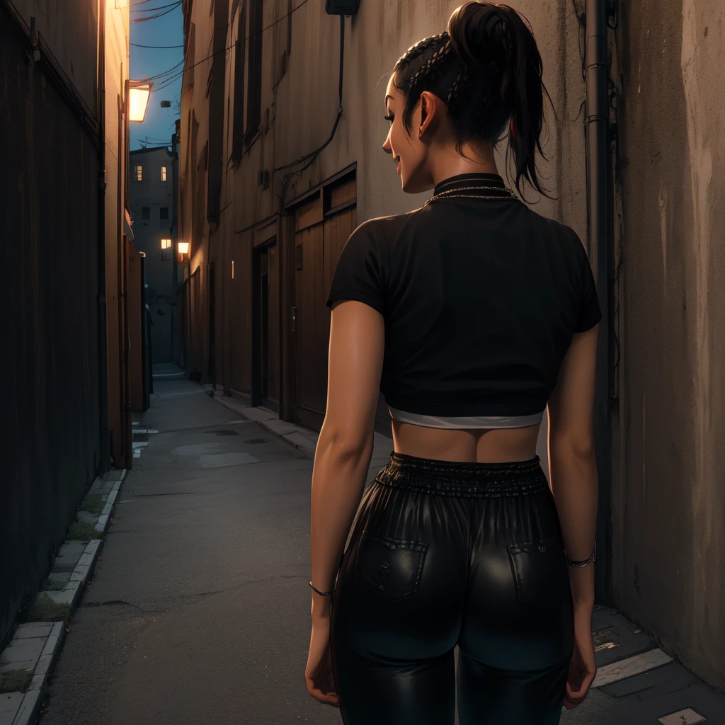 Chitose,black hair,brown eyes,short hair,ponytail,braids,short sleeves,
crop top, showing rear,black pants,necklace,street,night,alley, smile, 
(insanely detailed,masterpiece, best quality)((solo,1girl,alone))