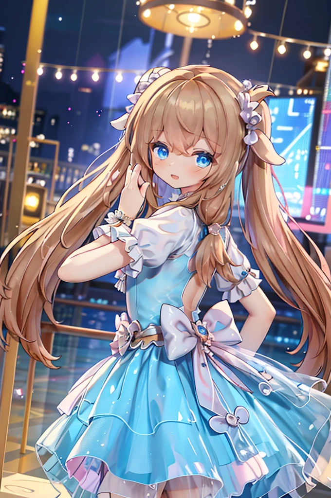 Solo girl, comical, kawaii, Blue eyes, light brown hair, high long twintails, (yellow shirt 1.5), (blue princess dress 1.5), open mouth smile, view from back, looking somewhere, neon and led lights, posing, sexy, high-resolution image, masterpiece, high quality, attractive eyes