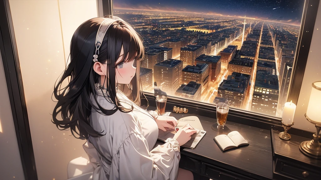 Ultra-high resolution, 8k, (Masterpiece, beautifully、mysterious:1.2), Works by Makoto Xin Haicheng, Lo-fi feel, Perfect human body engineering, 1 female, profile, Impressive eyes, Sparkling Eyes, White ruffled dress, Shiny long black hair, Larger than average bust, Listening to music through headphones, Looking out the window, A room with musical instruments, city view from the window, Impressive cityscape, Bright Sky, meteor, Wide angle, Before dusk