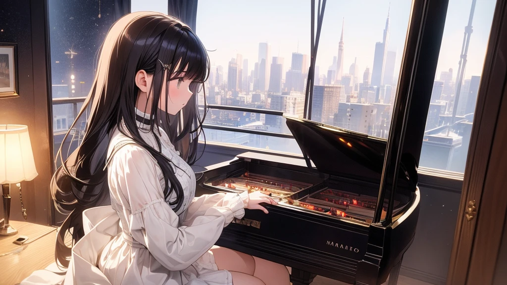 Ultra-high resolution, 8k, (Masterpiece, beautifully、mysterious:1.2), Works by Makoto Xin Haicheng, Lo-fi feel, Perfect human body engineering, 1 female, profile, Impressive eyes, Sparkling Eyes, White ruffled dress, Shiny long black hair, Larger than average bust, Listening to music through headphones, Looking out the window, A room with musical instruments, city view from the window, Impressive cityscape, Bright Sky, meteor, Wide angle, Before dusk
