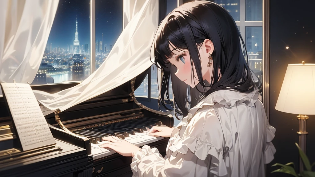 Ultra-high resolution, 8k, (Masterpiece, beautifully、mysterious:1.2), Works by Makoto Xin Haicheng, Lo-fi feel, Perfect human body engineering, 1 female, profile, Impressive eyes, Sparkling Eyes, White ruffled dress, Shiny long black hair, Larger than average bust, Listening to music through headphones, Looking out the window, A room with musical instruments, city view from the window, Impressive cityscape, Bright Sky, meteor, Wide angle, Before dusk