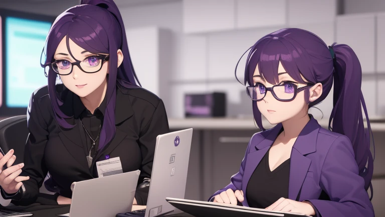 score_9, score_8_up, score_7_up, score_6_up, BREAK A gorgeous woman: long purple ponytail, purple eyes, with glasses, wearing a purple shirt, and a white lab coat, with futuristic tech around, curious expression, inquisitive face, holding a steaming flask, laboratory background, various computer screen in the background, prywinko