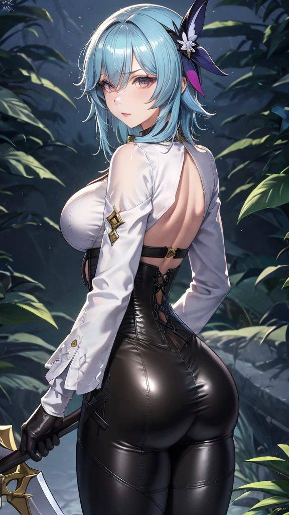 Masterpiece, beautiful art, Professional artist, 8 k, Highly detailed face, Designer clothes, Detailed texture, 1 girl, Eula, (Genshin Impact), The perfect ass, Standing, Big breasts, Perfectly drawn body, Pale skin, Serious expression, Beautiful Face, Sky blue hair, 4K eyes, Highly detailed eyes, Pink cheeks, necklace:1.6, (White long-sleeved button-down shirt with a white collar), Black gloves that cover up to the elbows, He holds an ax in his right hand, (Black leather corset), (Shiny black leggings), black leather boots, Sensory lips, Details appear in the eyes, Dark forest, At night, Atmosphere, Shaboura, Chest apartment, See-through clothes, Multi-faceted perspective, 