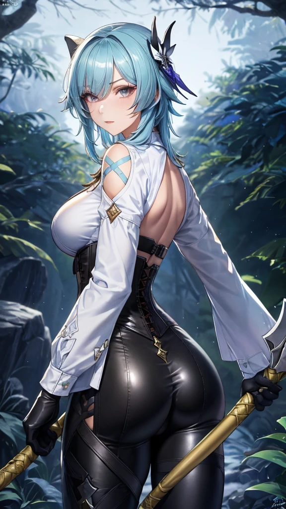 Masterpiece, beautiful art, Professional artist, 8 k, Highly detailed face, Designer clothes, Detailed texture, 1 girl, Eula, (Genshin Impact), The perfect ass, Standing, Big breasts, Perfectly drawn body, Pale skin, Serious expression, Beautiful Face, Sky blue hair, 4K eyes, Highly detailed eyes, Pink cheeks, necklace:1.6, (White long-sleeved button-down shirt with a white collar), Black gloves that cover up to the elbows, He holds an ax in his right hand, (Black leather corset), (Shiny black leggings), black leather boots, Sensory lips, Details appear in the eyes, Dark forest, At night, Atmosphere, Shaboura, Chest apartment, See-through clothes, Multi-faceted perspective, 