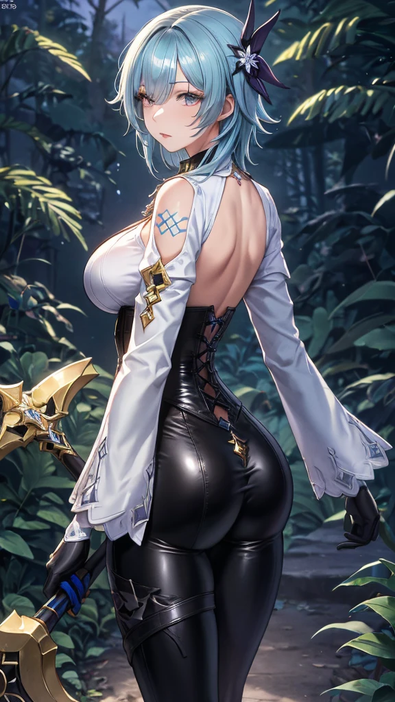 Masterpiece, beautiful art, Professional artist, 8 k, Highly detailed face, Designer clothes, Detailed texture, 1 girl, Eula, (Genshin Impact), The perfect ass, Standing, Big breasts, Perfectly drawn body, Pale skin, Serious expression, Beautiful Face, Sky blue hair, 4K eyes, Highly detailed eyes, Pink cheeks, necklace:1.6, (White long-sleeved button-down shirt with a white collar), Black gloves that cover up to the elbows, He holds an ax in his right hand, (Black leather corset), (Shiny black leggings), black leather boots, Sensory lips, Details appear in the eyes, Dark forest, At night, Atmosphere, Shaboura, Chest apartment, See-through clothes, Multi-faceted perspective, 