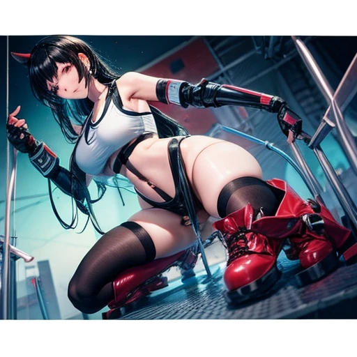 Quasi-platform Woman inserting huge penis into milking machine