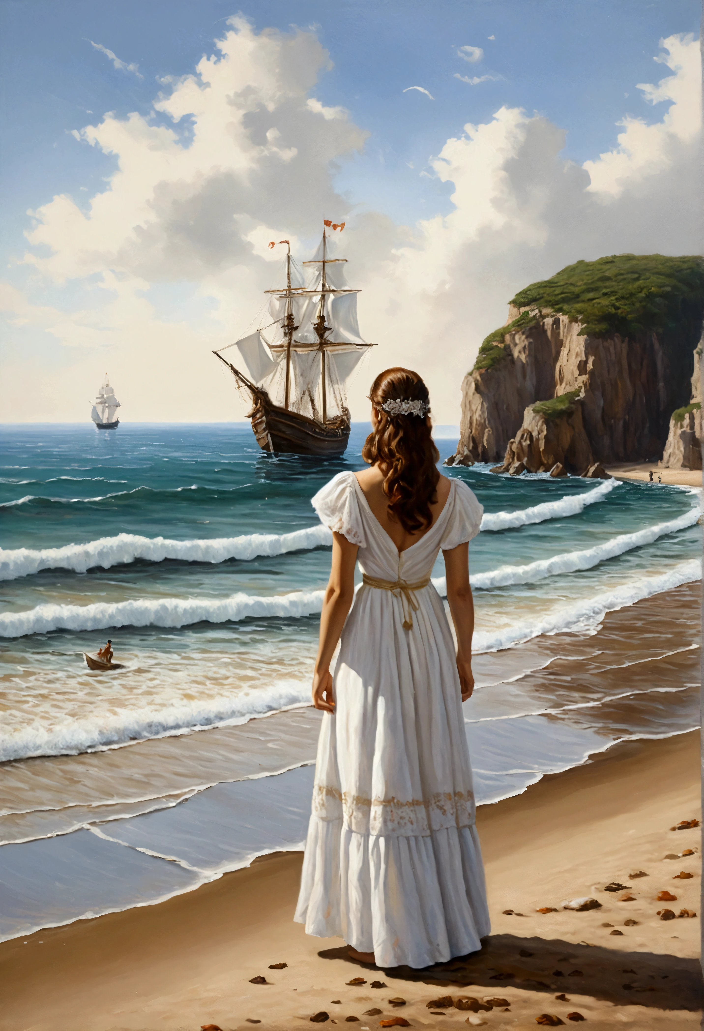 an oil painting of a woman in a white dress on the beach watching caravels in the sea