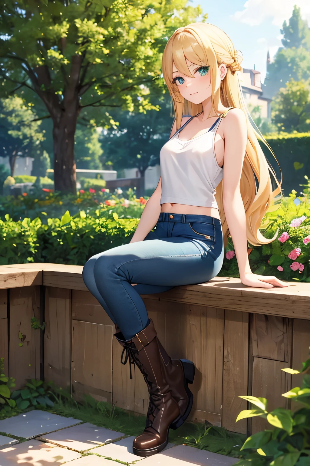 1German upper class,tomboy,cute,glamorous,young virgin lady,Blonde intake,long hair,emerald eyes.tsurime,The background is garden,Jeans with bulging sides,tank top,Leather boots,1940s