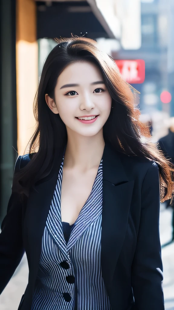 (Realistically, high resolution:1.3), 1 girl with a perfect figure,23 years old, The face shape and eyes are super beautiful,Long black hair, Business suits in random colors:1.2,The brightly lit shopping street iddlebreast,Anatomically normal,Smile