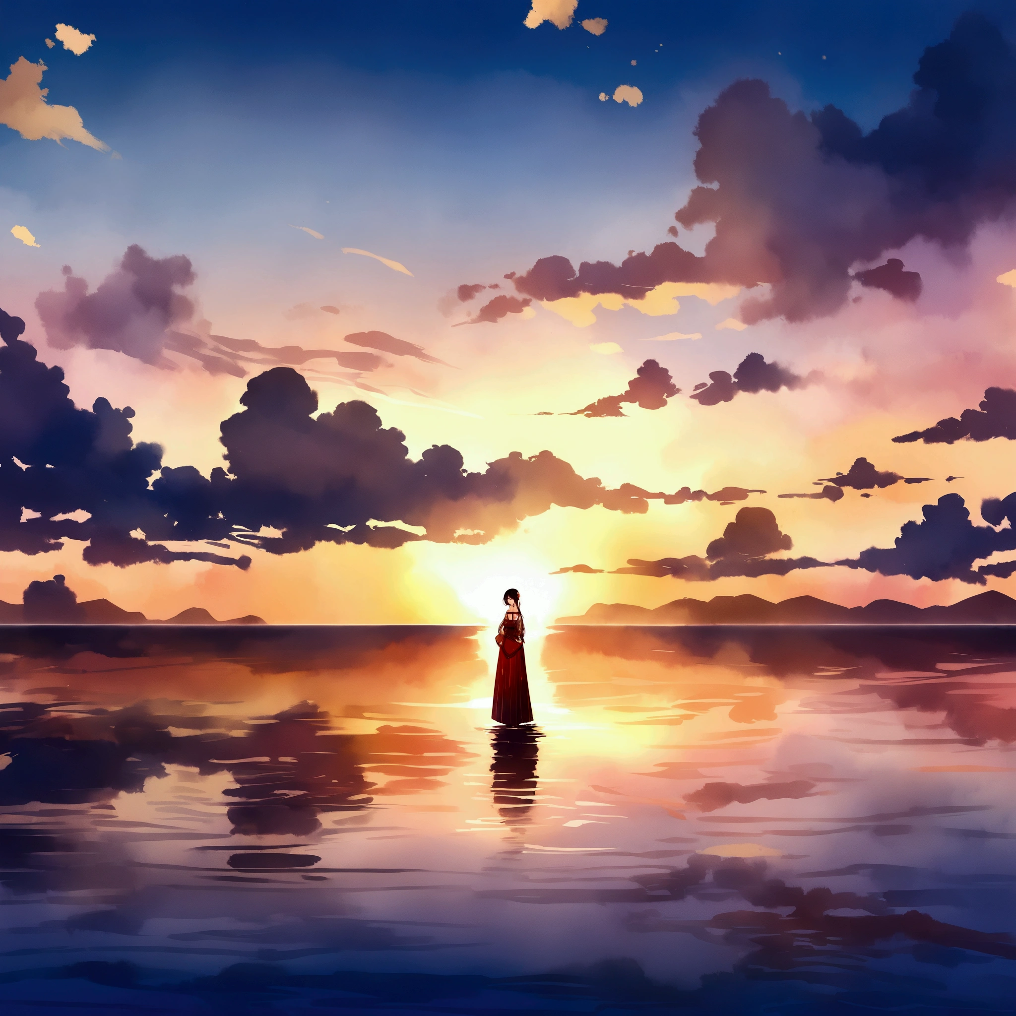 A watercolor masterpiece depicting the sunset over the ocean, Sky and water merge in a harmonious dance of warm and cold tones. Palavras-chave descritivas: Harmonious sunset, Tianshui Fusion, Watercolor fusion, Quiet days at night, artistic interpretation. camera type: Placa de aquarela. hora do dia: sunset atmosphere. Estilo de arte: Arte e harmonia. por artista: Sunset Harmony - AR 16:9