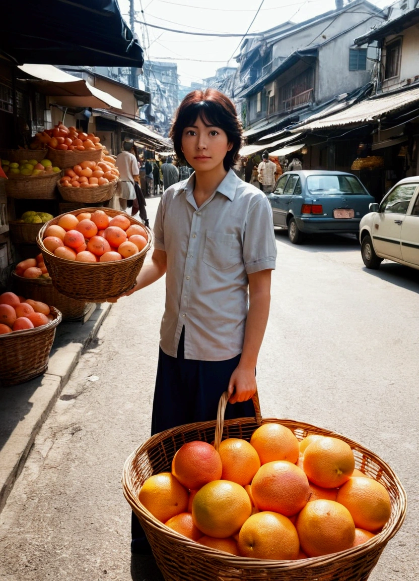 Ghibli Standing on the Street,There are two baskets of grapefruit in front of me.,The background is the market