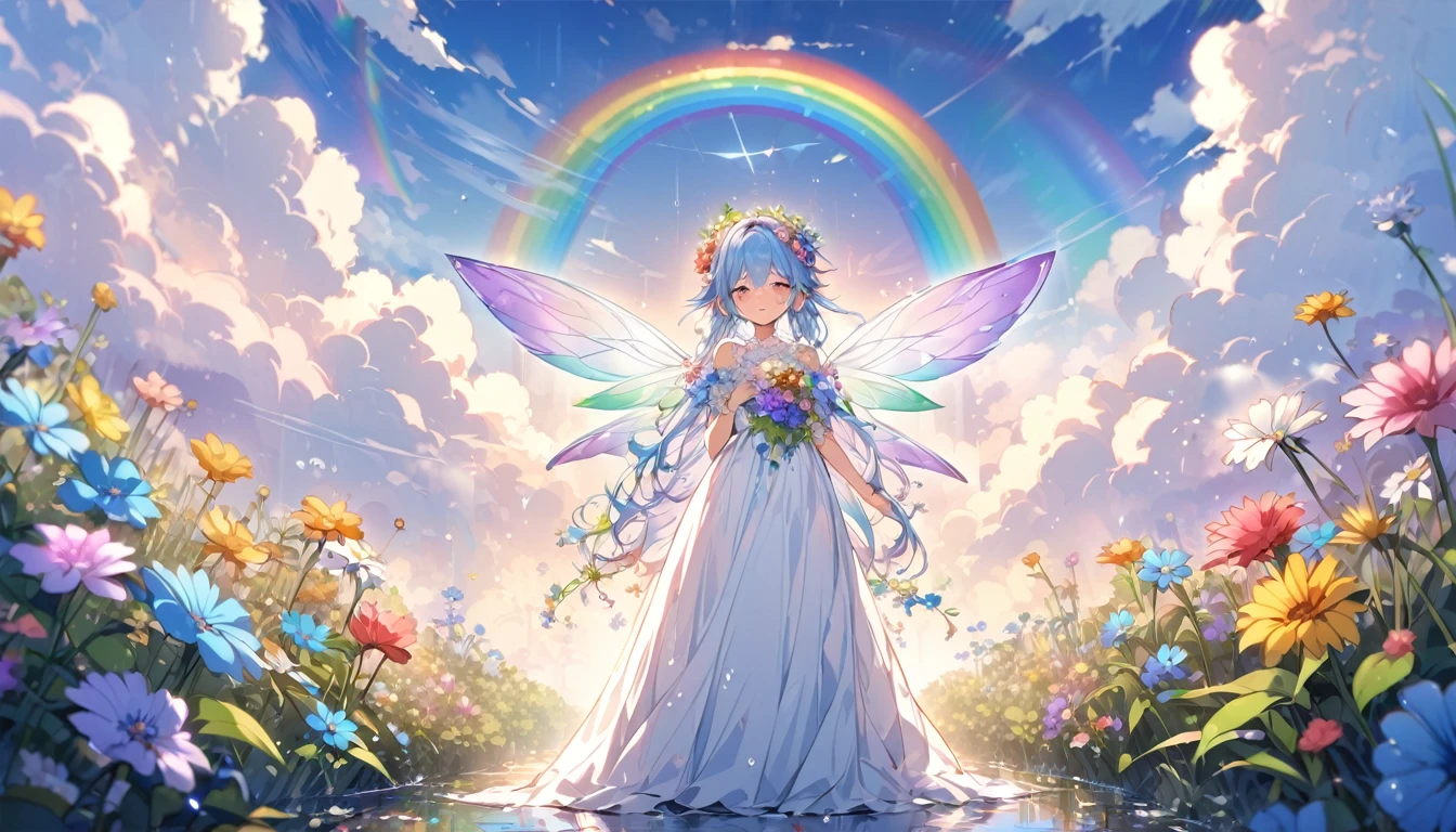(Highest quality),rainbow fairy,It has wings,after the rain,Flowers in the background