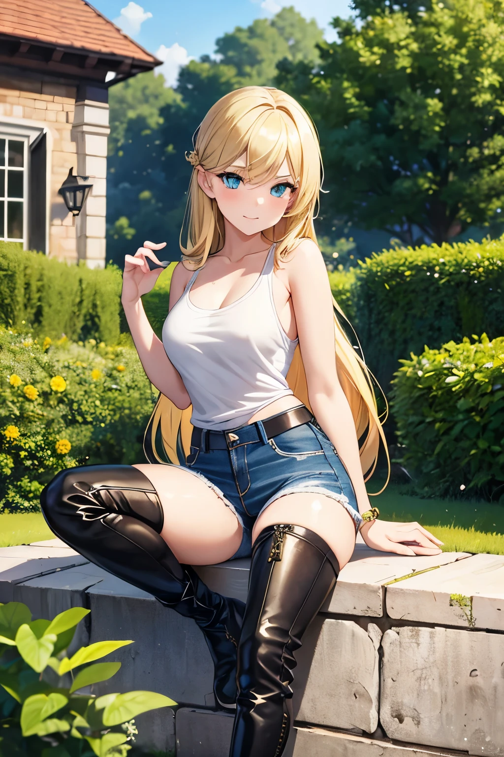 1German upper class,tomboy,cute,glamorous,young virgin lady,Blonde intake,long hair,emerald eyes.tsurime,The background is garden,Jeans with bulging sides,tank top,Leather boots,1940s