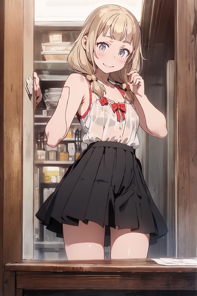 (small breasts:1.2), (perky chest:1.2), (pointed chest:1.2), (Pudding cake magazine cover:1.3),(from below:1.0),(shoot from the side:1.1),masterpiece, 1girl, Amazing Cleavage:1.1, thin waist, optimum,tmasterpiece,hight resolution,best qualtiy,hyper HD,super detailing,awardwinning,a 18yo cute girl,(The upper part of the body),anatomy correct,Beautiful Black miniskirt,garters,Gaze,Small face,bangss,holster,Beautuful Women,hands up,leg holster,Gaze,black boots,Cowboy Shot,cute face,a blond,Longhaire,Twin-tailed,Braids, Hairline,(scarlet eyes),long eyelasher,Hanging eye corners,White skin of the, ((see through camisole:1.1)), ((Sheer nipples:1.0)),Rocket Tits,(Slim body),smile,seductive weak smiling,(with sparkling eyes and a contagious smile),little open mouth, Looking at Viewer,