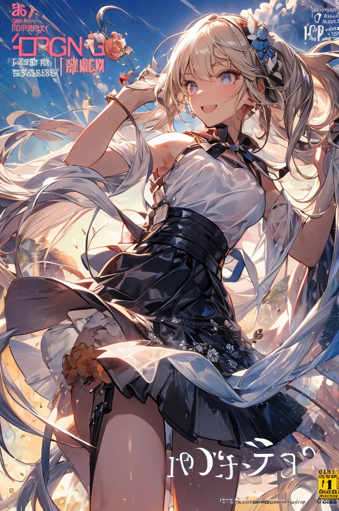 (small breasts:1.2), (perky chest:1.2), (pointed chest:1.2), (Pudding cake magazine cover:1.3),(from below:1.0),(shoot from the side:1.1),masterpiece, 1girl, Amazing Cleavage:1.1, thin waist, optimum,tmasterpiece,hight resolution,best qualtiy,hyper HD,super detailing,awardwinning,a 18yo cute girl,(The upper part of the body),anatomy correct,Beautiful Black miniskirt,garters,Gaze,Small face,bangss,holster,Beautuful Women,hands up,leg holster,Gaze,black boots,Cowboy Shot,cute face,a blond,Longhaire,Twin-tailed,Braids, Hairline,(scarlet eyes),long eyelasher,Hanging eye corners,White skin of the, ((see through camisole:1.1)), ((Sheer nipples:1.0)),Rocket Tits,(Slim body),smile,seductive weak smiling,(with sparkling eyes and a contagious smile),little open mouth, Looking at Viewer,