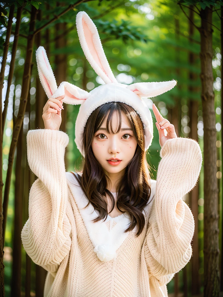 FEMALES、(oversized_Wearing a sweater、bunny_ears_hat:1.3)、Red bunny_ears、
good hand、4K、hight resolution、​masterpiece、top-quality、headw:1.3、((Hasselblad photo))、Fine skin、Sharp focus、(lighting like a movie)、Soft lighting、dynamic ungle、[:(Detailed face:1.2):0.2]、medium chest、((at a forest)))、