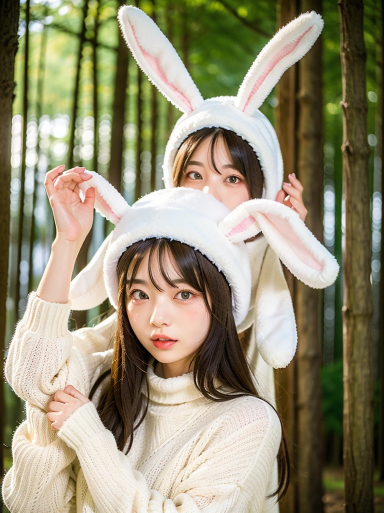 FEMALES、(oversized_Wearing a sweater、bunny_ears_hat:1.3)、Red bunny_ears、
good hand、4K、hight resolution、​masterpiece、top-quality、headw:1.3、((Hasselblad photo))、Fine skin、Sharp focus、(lighting like a movie)、Soft lighting、dynamic ungle、[:(Detailed face:1.2):0.2]、medium chest、((at a forest)))、