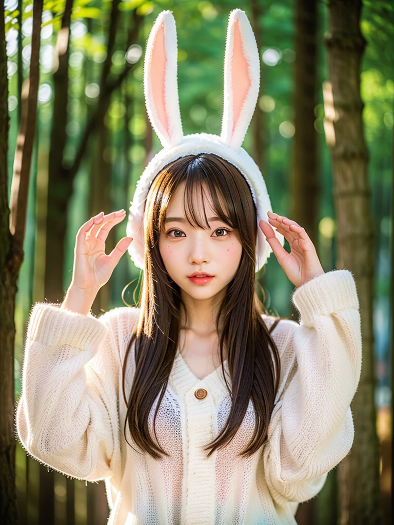 FEMALES、(oversized_Wearing a sweater、bunny_ears_hat:1.3)、Red bunny_ears、
good hand、4K、hight resolution、​masterpiece、top-quality、headw:1.3、((Hasselblad photo))、Fine skin、Sharp focus、(lighting like a movie)、Soft lighting、dynamic ungle、[:(Detailed face:1.2):0.2]、medium chest、((at a forest)))、