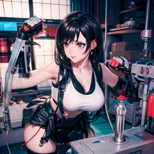 Quasi-platform Woman inserting huge penis into milking machine
