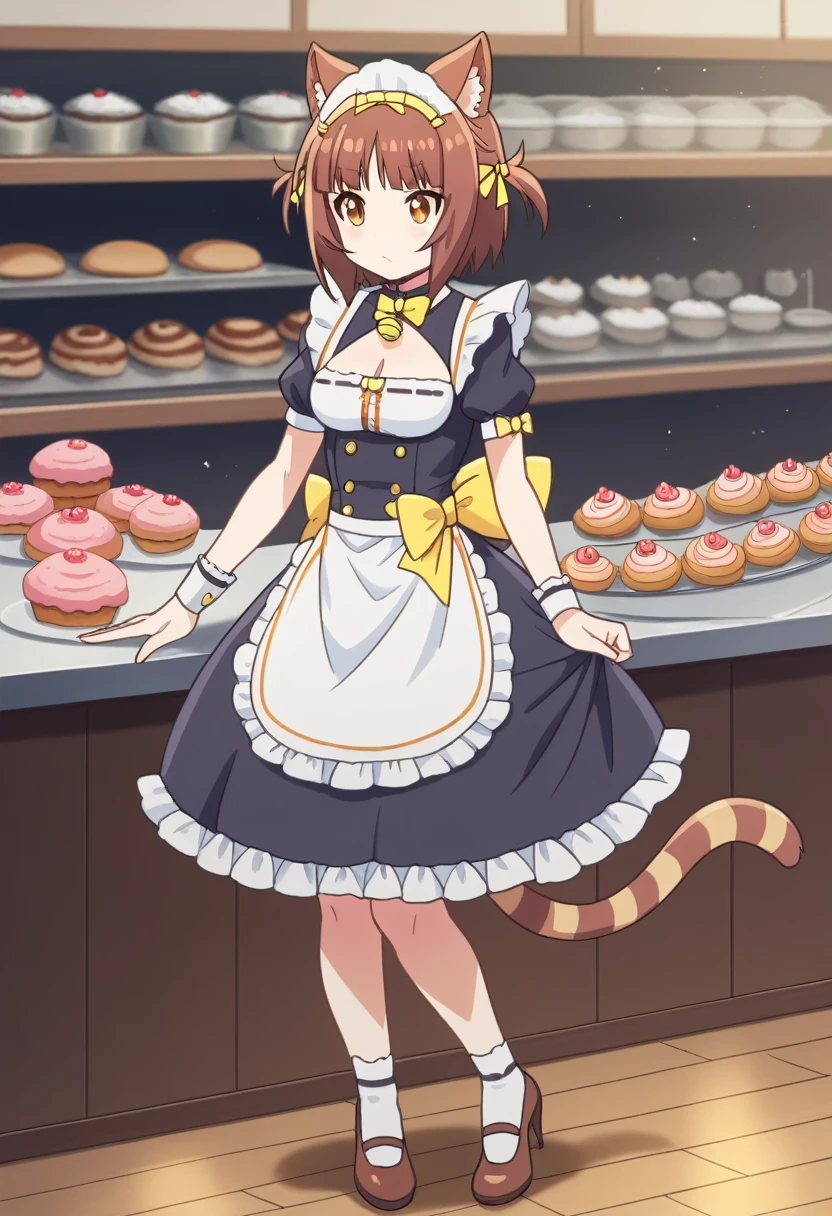 hyper realistic lighting, hyper realistic, extremely detailed, light particles, explict content, High quality, high res, digital art, masterpiece, soft shading, realistic lighting, sfw, (indoors, bakery), negative_hand-neg, BREAK; azuki, brown hair, bangs, brown eyes, cat girl, cat ears, cat tail, striped tail, bow, yellow bow, ribbon, bell, neck bell, hair ribbon, maid headdress, maid, frills, clothing cutout, cleavage cutout, short sleeves, puffy sleeves, wrist cuffs, puffy short sleeves, apron, waist apron, frilled apron, bare legs, socks, white legwear, shoes, high heels, brown footwear, adult,