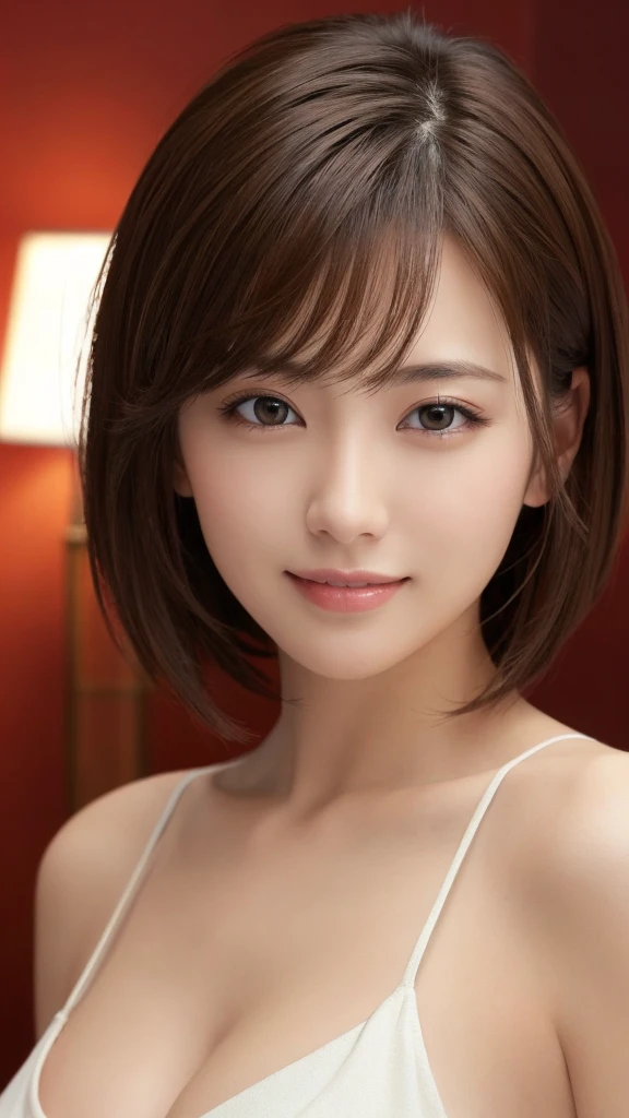 masterpiece、Highest quality、High resolution、Tabletop、wallpaper、Realistic、Bright lighting、Professional Lighting、Face Light、Smooth lighting、Japanese women、Adult、Beautiful woman、action、gravure、sexy、so beautiful、Beautiful Skin、Beautiful and detailed、Detailed face、slim、moderately、short hair、Brunette Hair、Brown eyes、Looking into the camera、smile、Cleavage